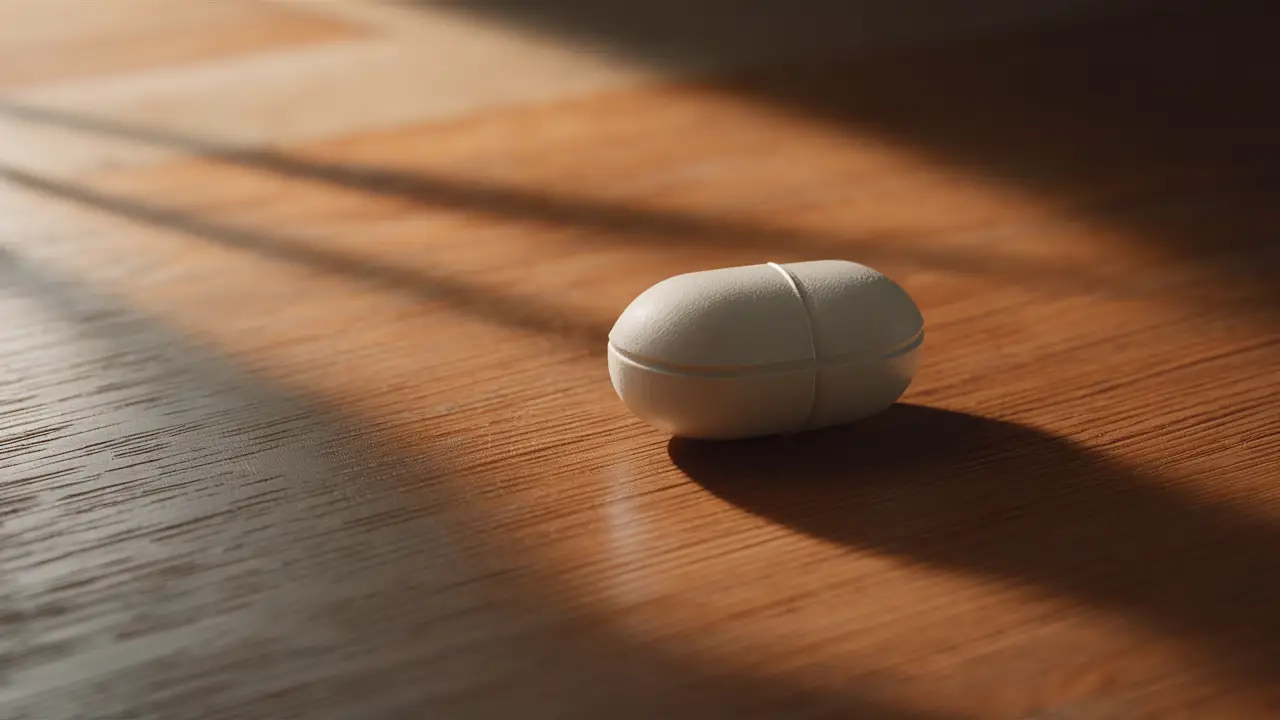 Comprimido branco pequeno em forma de disco sobre uma mesa de madeira com iluminação suave.