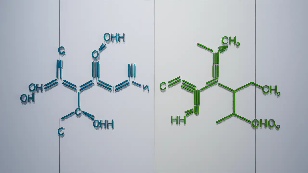 Duas estruturas químicas distintas lado a lado em fundo branco, uma em tons de azul e outra em tons de verde.
