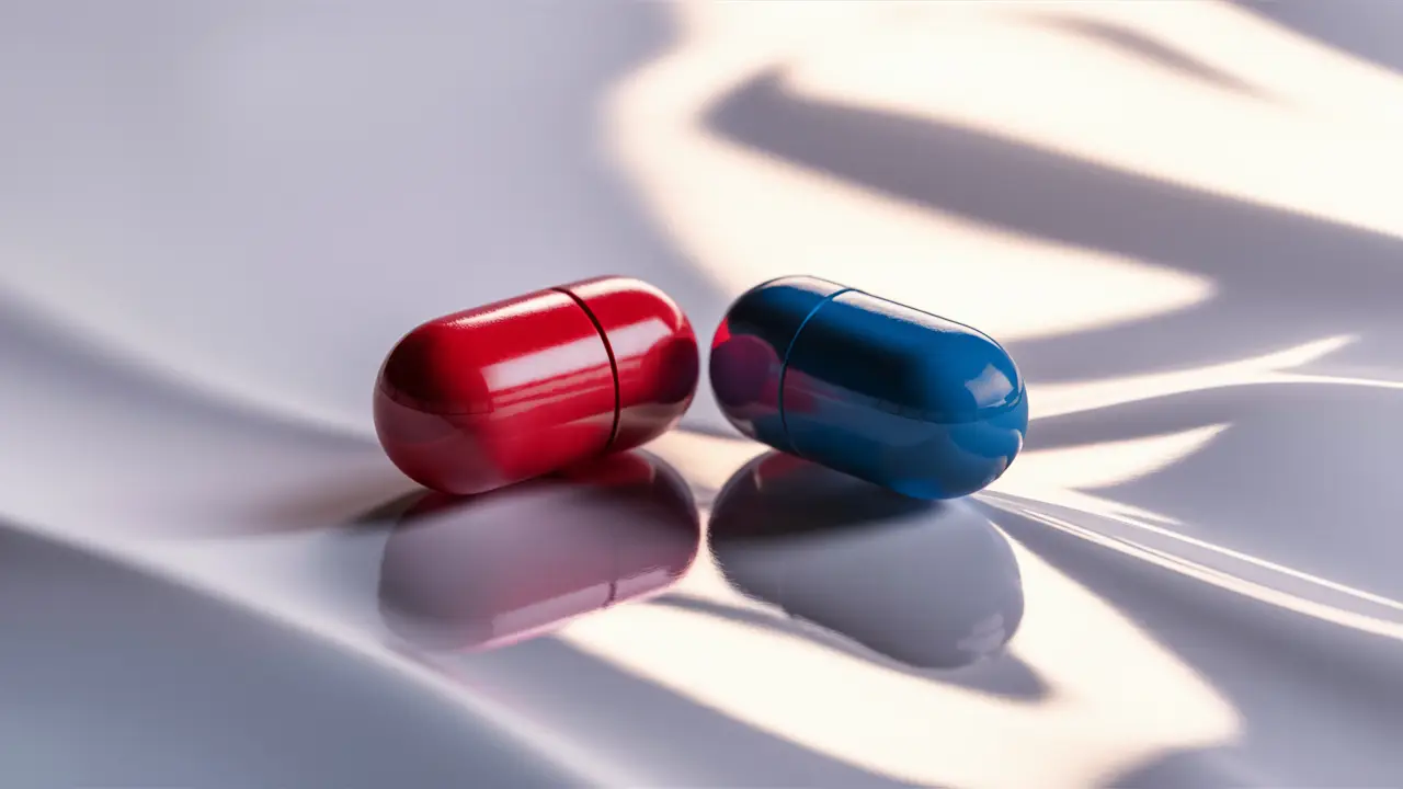 Dois comprimidos coloridos, um vermelho e um azul, lado a lado em uma superfície branca refletiva.