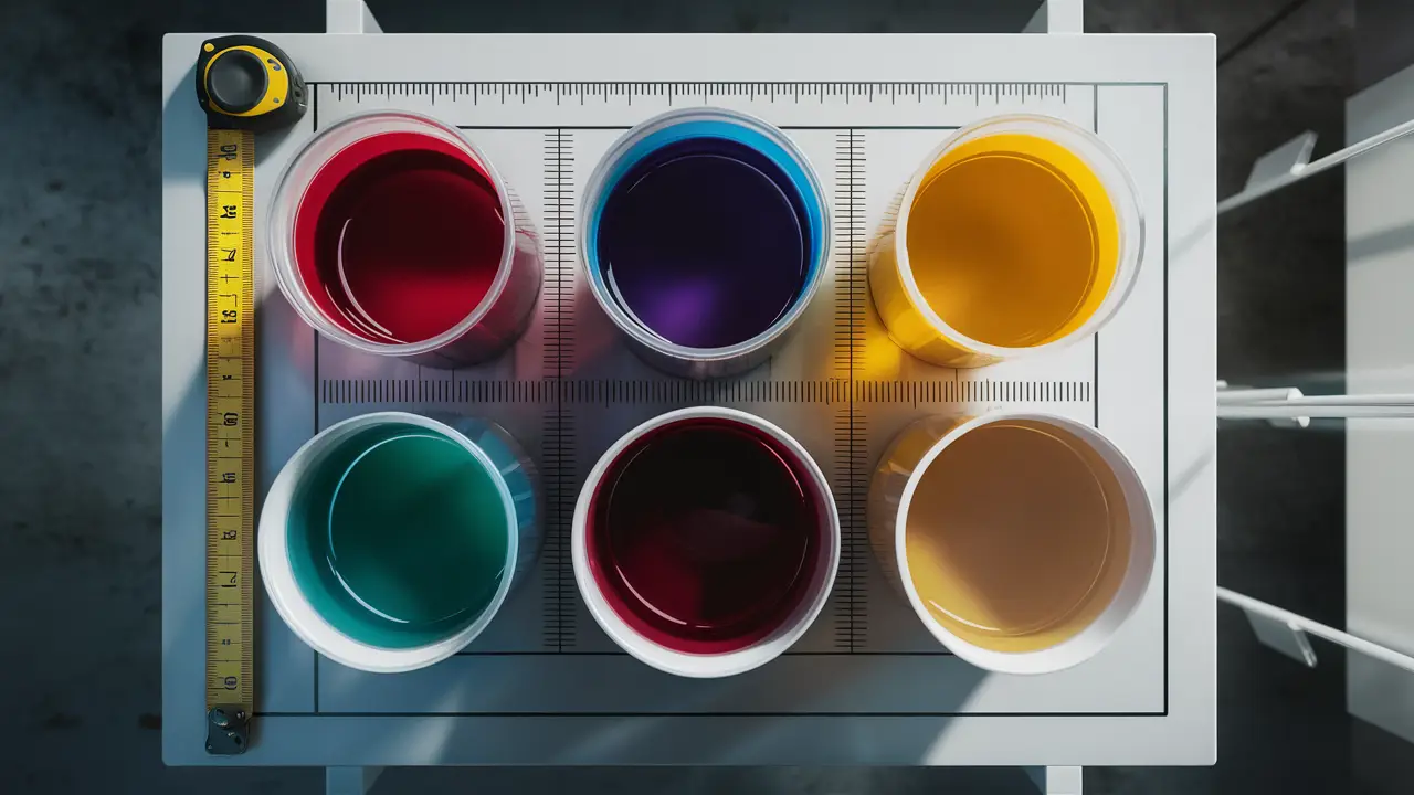 Cinco recipientes de tamanhos diferentes com líquidos coloridos em uma mesa de laboratório branca.