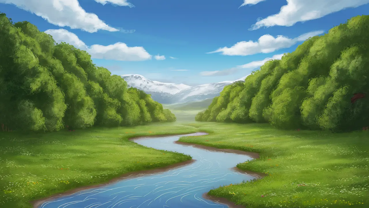 Vale verdejante com rio sinuoso, flores coloridas nas margens e montanhas nevadas ao longe sob céu azul claro.