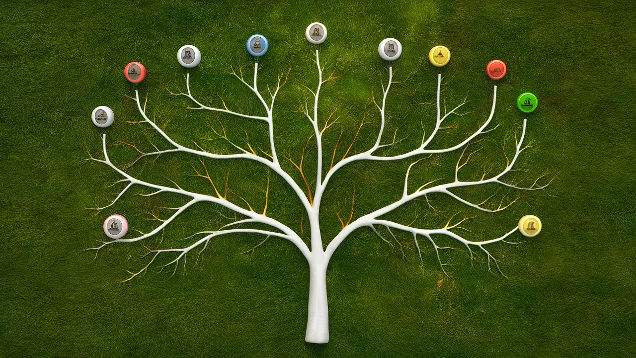 Diagrama de árvore de decisão com ramos levando a diferentes símbolos coloridos representando opções distintas.