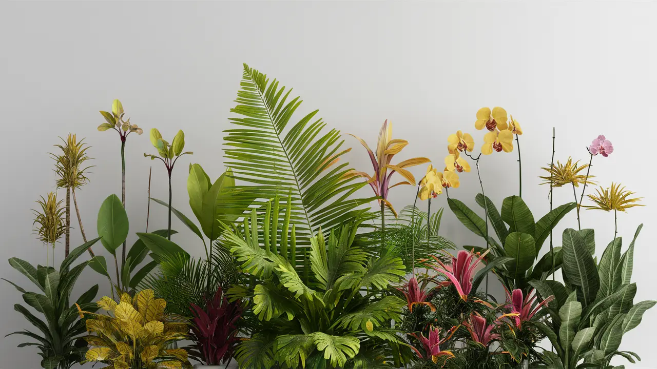 Plantas tropicais diversas, incluindo samambaia e orquídeas, em tons de verde, amarelo e rosa.