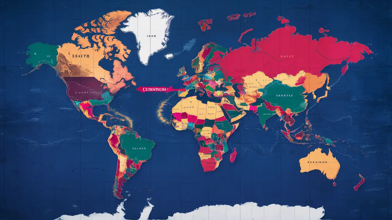 Mapa-múndi colorido com setas comparando diferentes regiões do mundo.