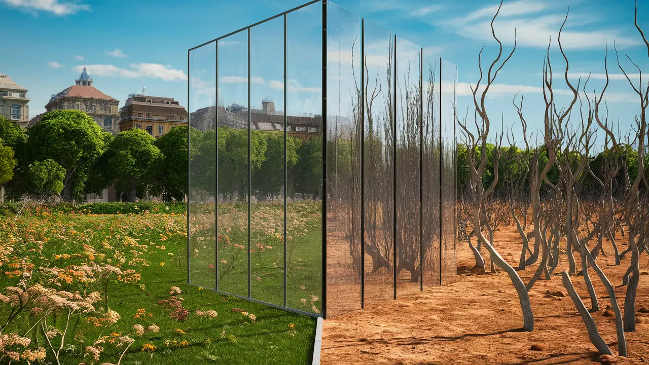 Parede de vidro em parque, separando paisagem verde de um lado e seca do outro.