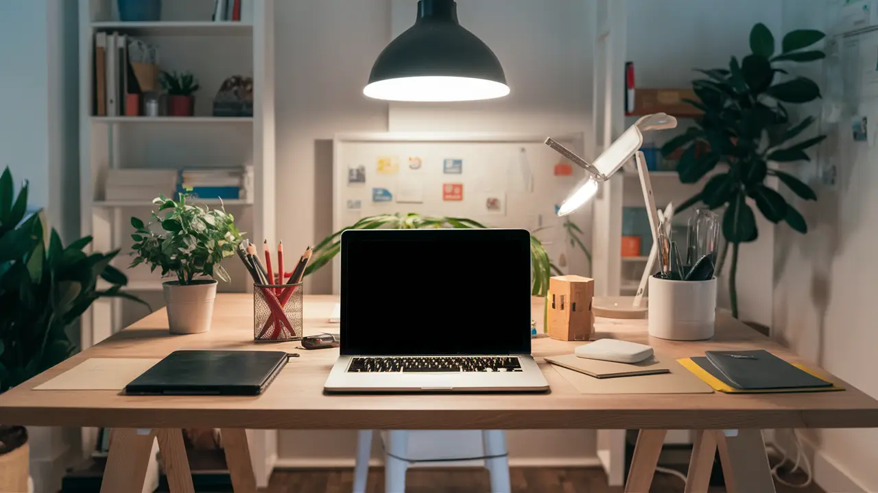 Mesa de escritório organizada com laptop, planta pequena e caneca branca em ambiente iluminado.