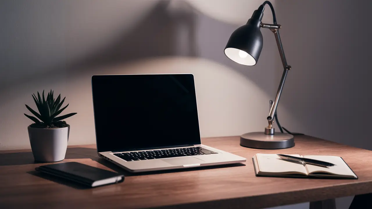 Configuração de mesa de escritório com laptop, planta suculenta, lâmpada de mesa e caderno aberto com caneta.