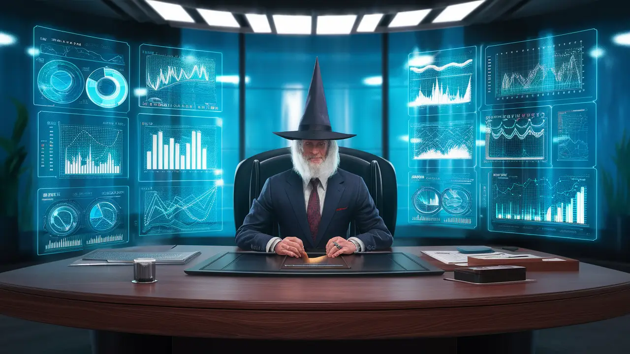 Consultor vestido de terno com gráficos holográficos flutuando em um escritório moderno.