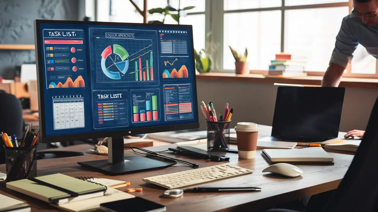 Monitor de escritório moderno mostrando gráficos e agendas digitais, com laptop e suprimentos de escritório na mesa.