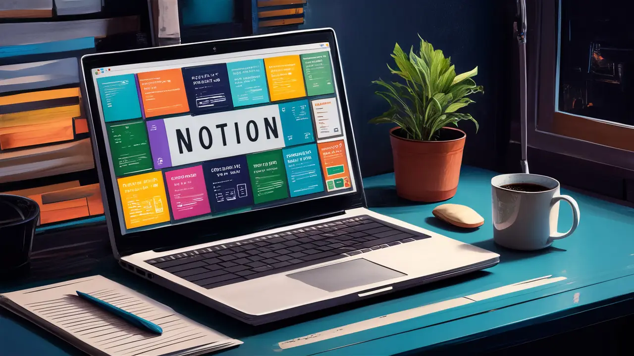 Laptop com interface do Notion mostrando ícones coloridos e blocos de texto organizados, ao lado de uma planta e caneca.