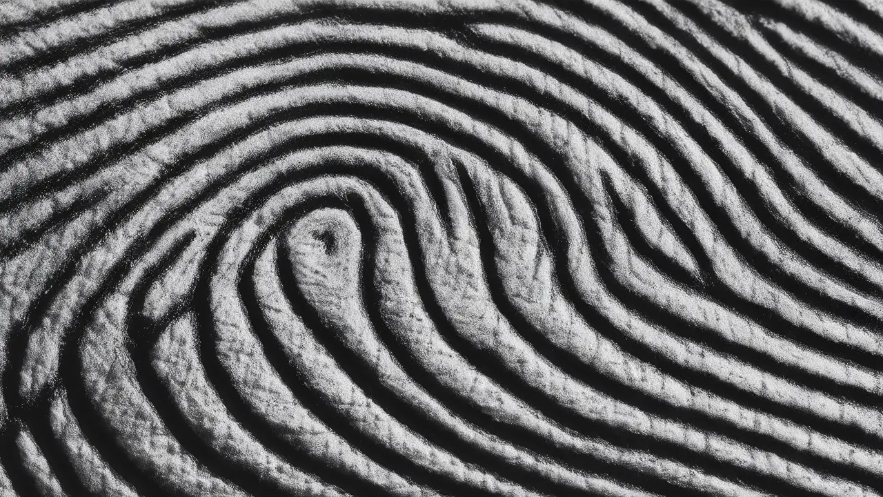 Close-up de uma impressão digital humana com padrões de cristas detalhadas em preto e branco.