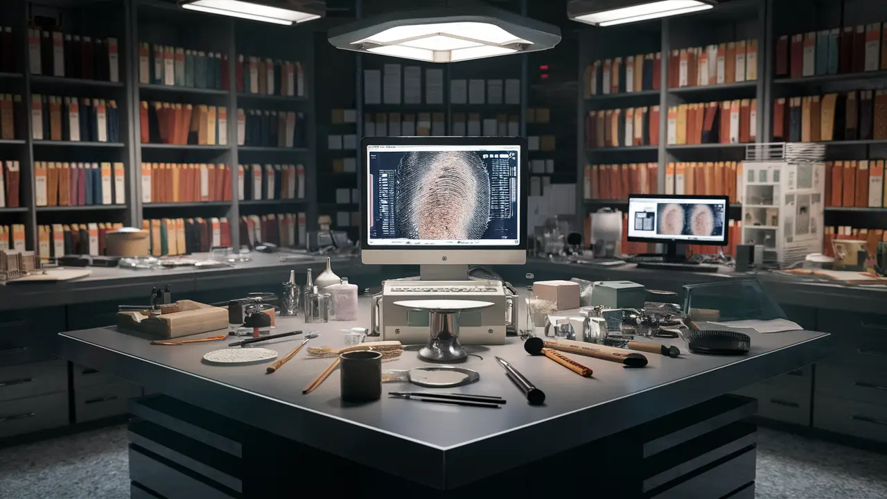 Laboratório de perícia com mesa central e ferramentas de análise de impressões digitais.