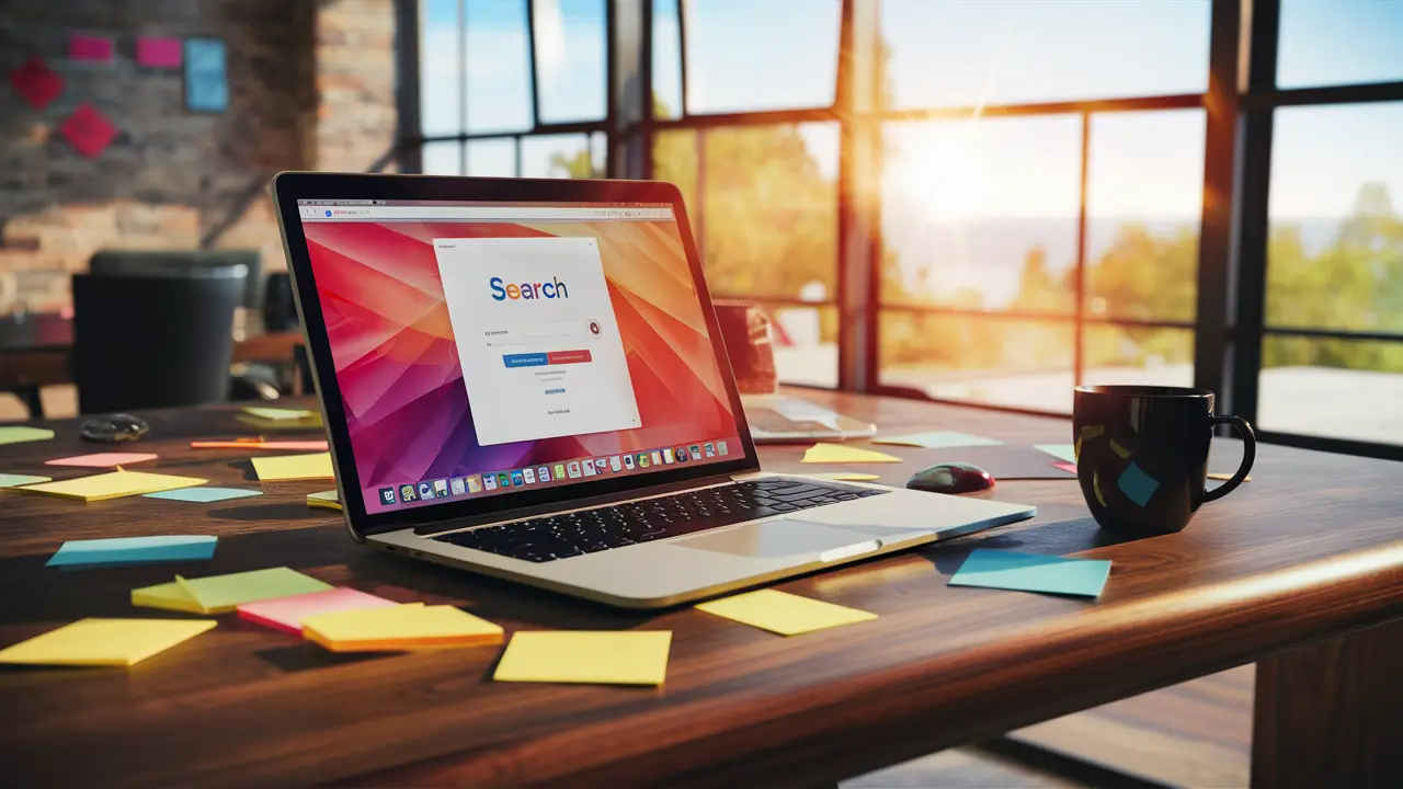 Laptop com página de busca em mesa de madeira, notas adesivas coloridas e caneca de café preta.