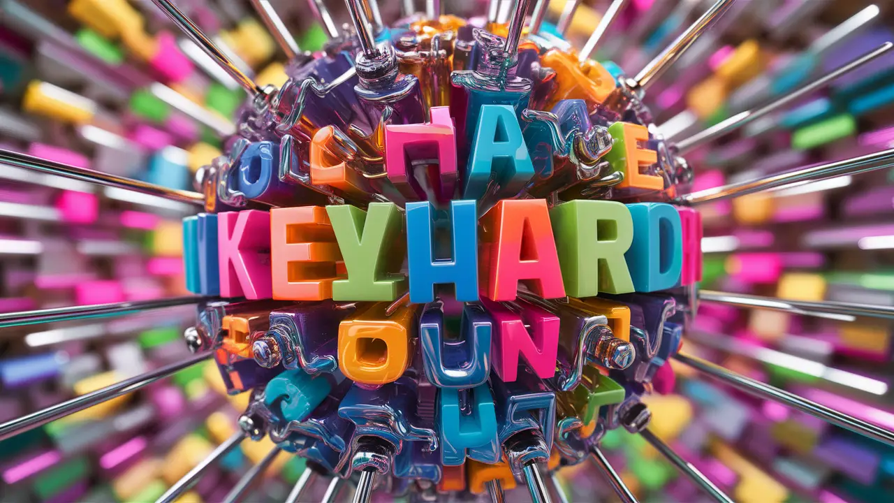 Rede de palavras-chave coloridas e interconectadas por linhas metálicas finas.