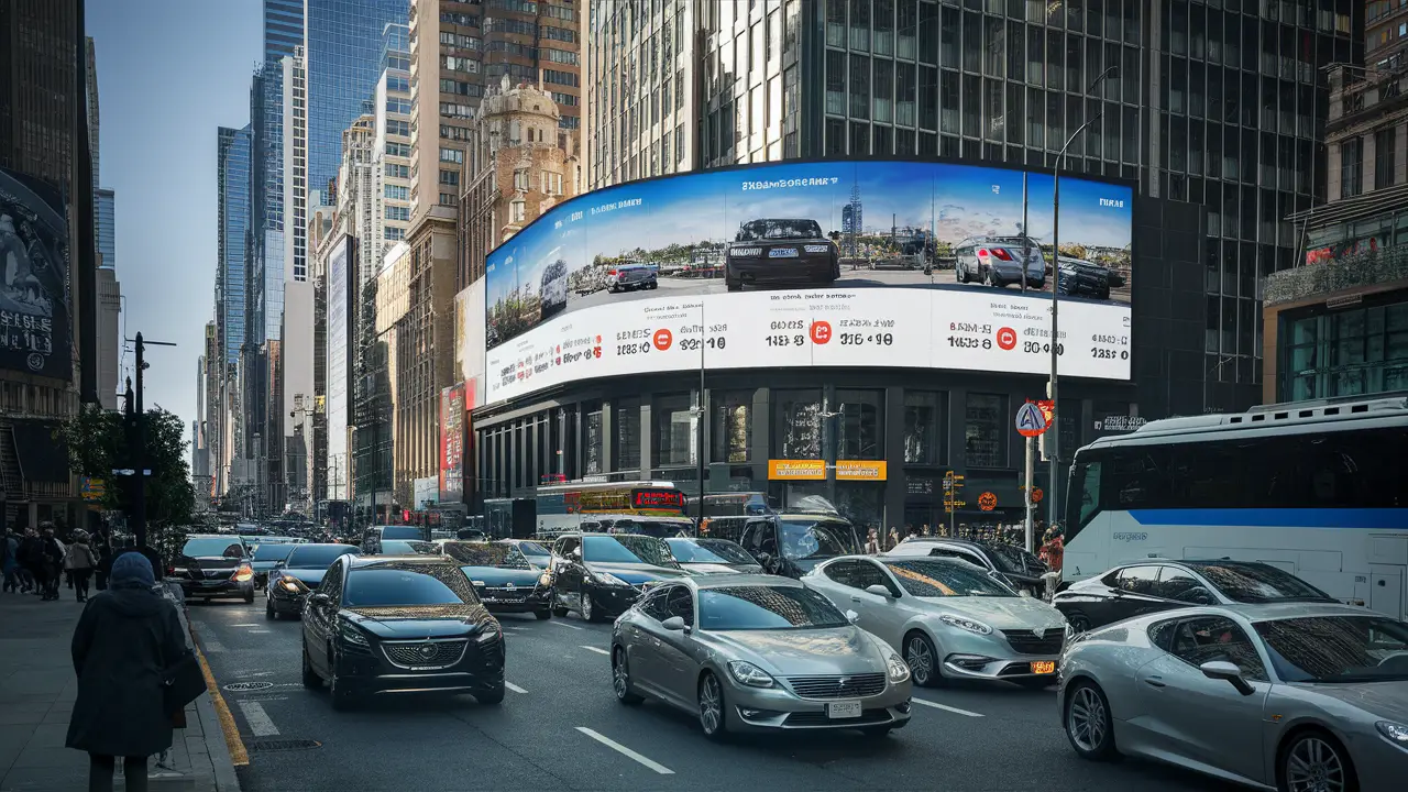Trânsito movimentado em rua da cidade com carros, ônibus e motocicletas, e um outdoor digital exibindo informações de tráfego.