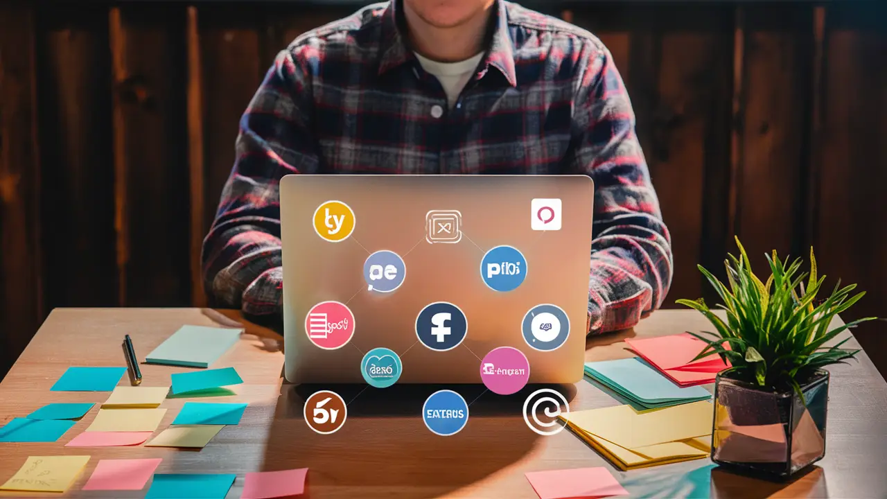 Pessoa escolhendo plataformas no laptop, cercada por anotações coloridas e uma planta em mesa de madeira.