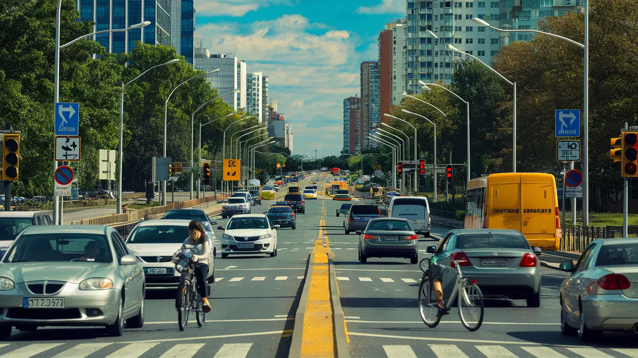 Rua da cidade com carros, bicicletas e ônibus em movimento, sinais de trânsito ao redor e céu azul claro.