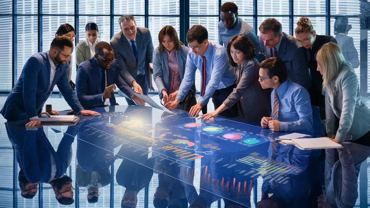 Profissionais de negócios analisando gráficos em uma tela grande em uma sala de conferências.
