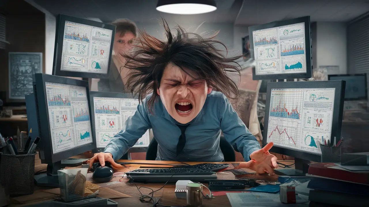 Pessoa estressada em escritório bagunçado lidando com várias telas de computador exibindo estatísticas caóticas.