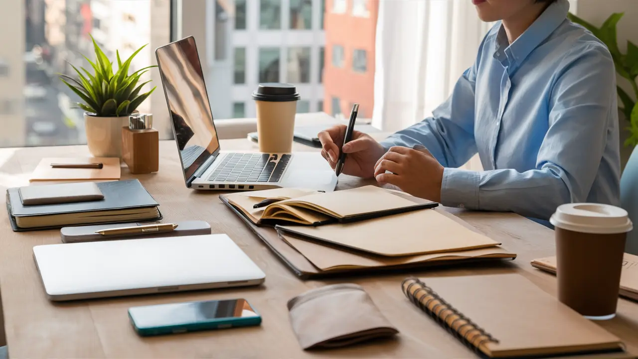 Suprimentos de escritório organizados em uma mesa com laptop, caderno, caneta e xícara de café.
