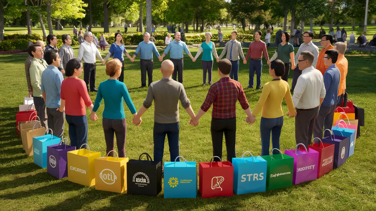 Grupo de clientes diversos em círculo, segurando sacolas de compras coloridas com logotipos de lojas diferentes em um parque.