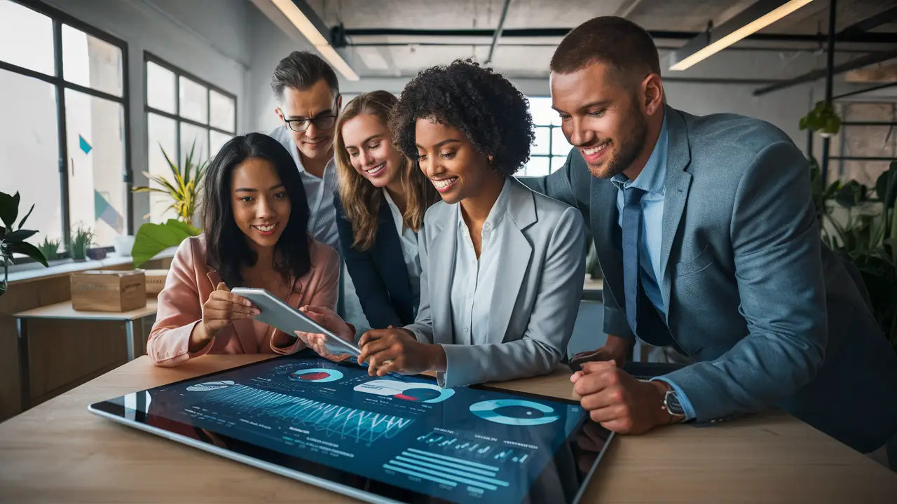 Equipe de profissionais analisando gráficos de dados de clientes em um tablet em um escritório moderno e iluminado.