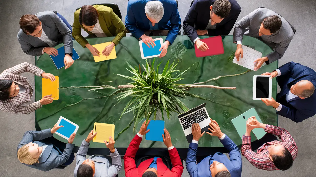 Pessoas usando tablets e cadernos coloridos ao redor de uma mesa de vidro com uma planta no centro.