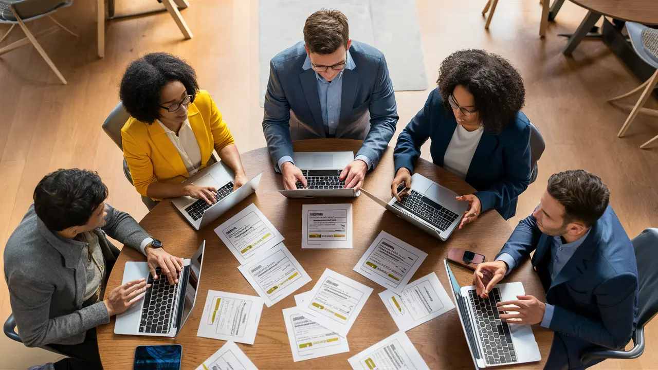 Pessoas discutindo feedbacks de clientes ao redor de uma mesa com documentos e laptops.
