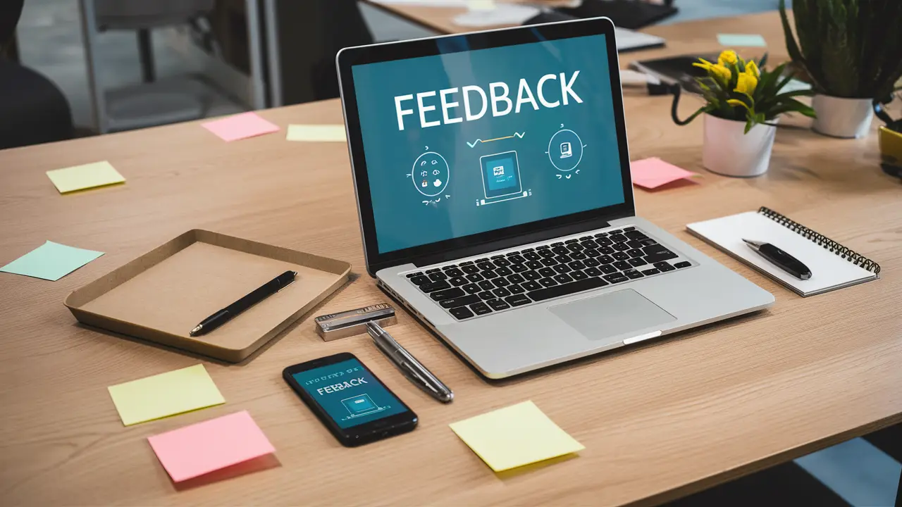 Notebook prateado e smartphone preto com aplicativos de feedback abertos, ao lado de um bloco de notas e caneta.