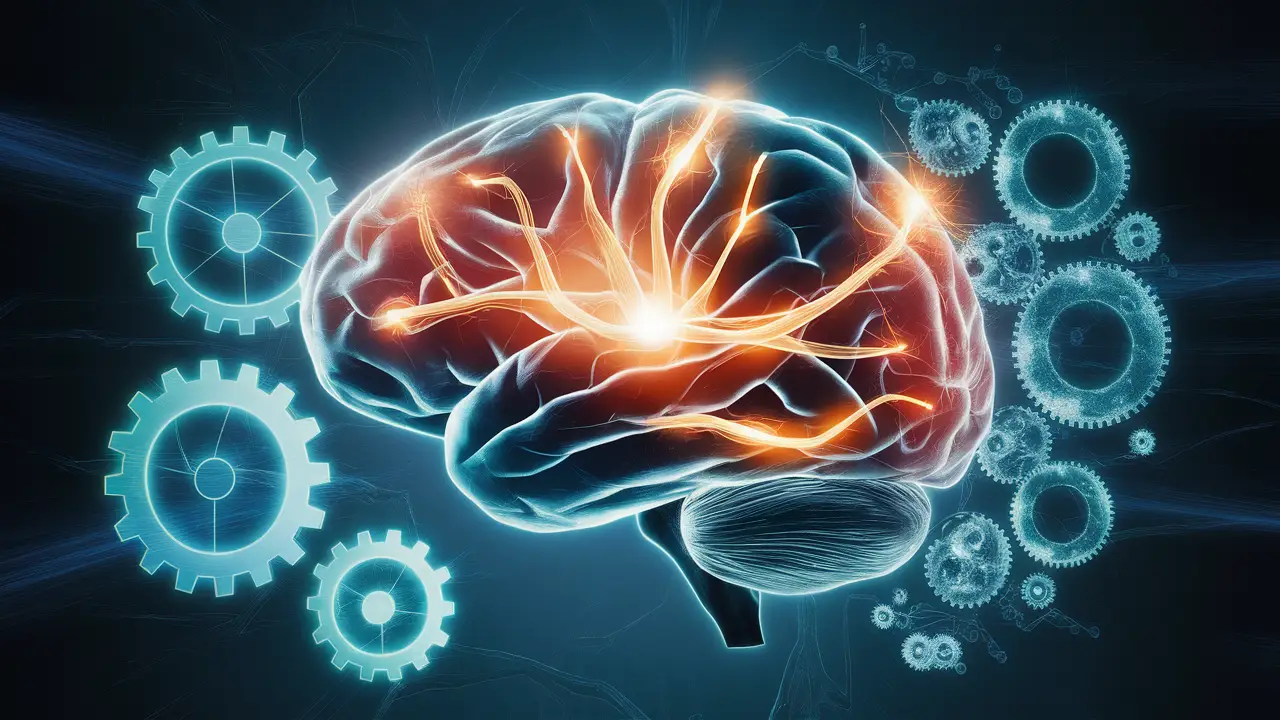 Cérebro humano com caminhos neurais brilhantes e engrenagens abstratas em fundo azul escuro.
