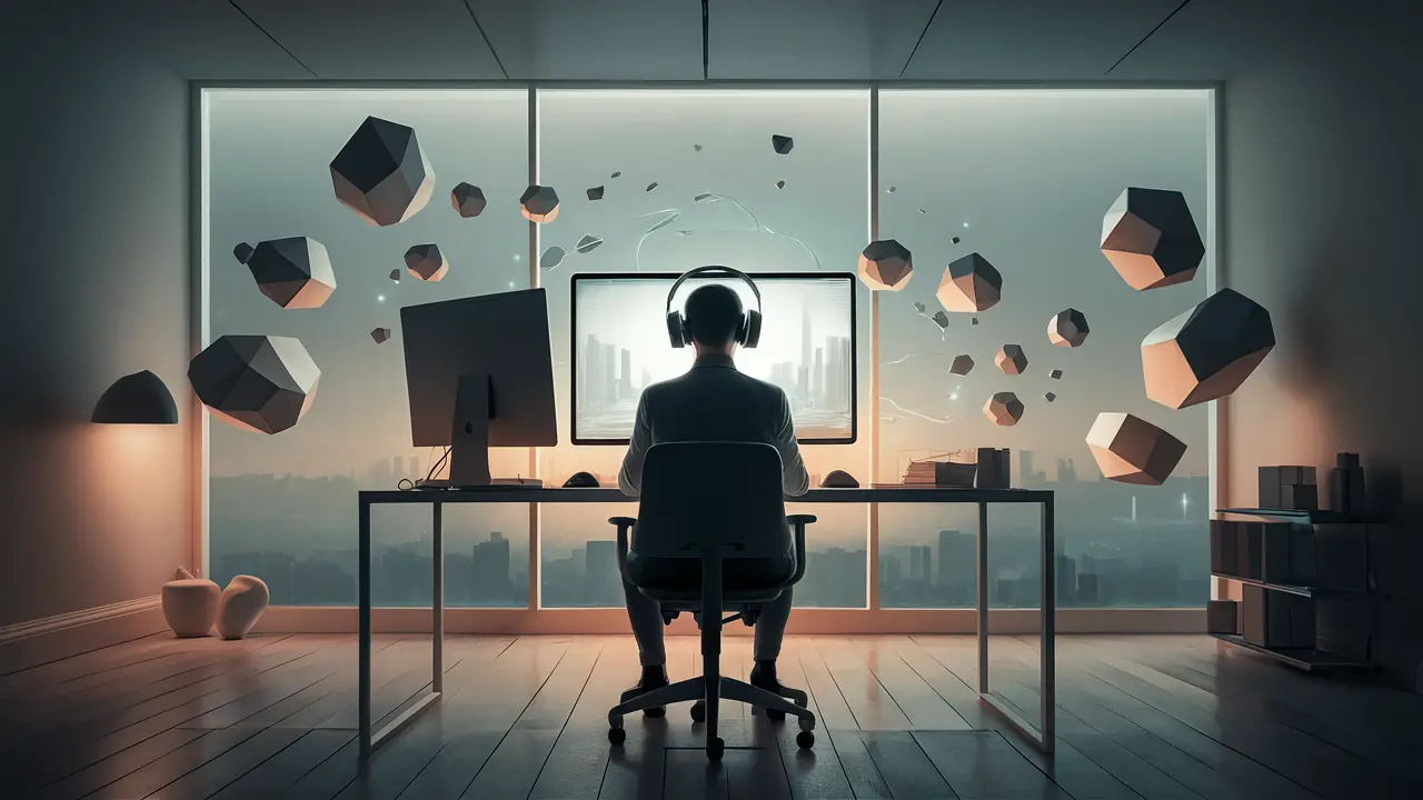 Pessoa em escritório moderno com formas geométricas flutuantes, simbolizando transformação digital.