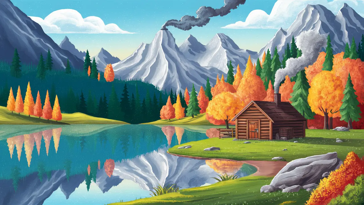 Paisagem de montanha ao amanhecer com lago refletindo montanhas e cabana de madeira cercada por árvores de outono.