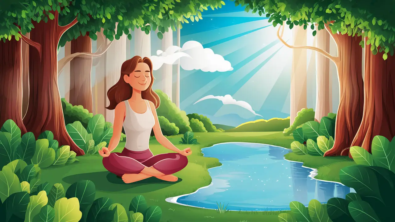 Mulher meditando em floresta iluminada, cercada por árvores altas e lago cristalino ao fundo.