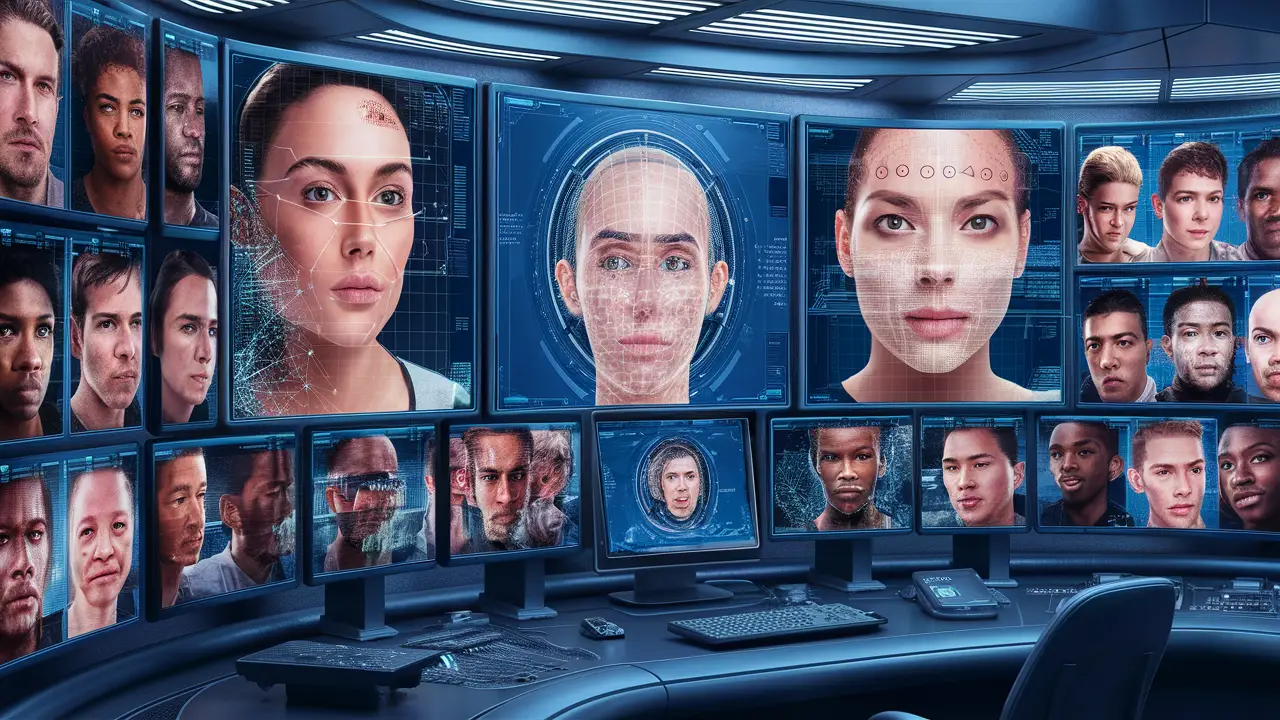 Monitores exibindo rostos humanos analisados por dados biométricos em uma sala de controle futurista.