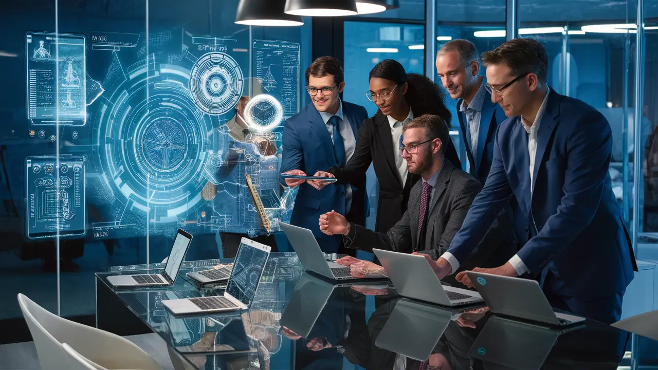 Engenheiros analisando tela com diagramas tecnológicos em um escritório moderno com laptops e tablets sobre mesa de vidro.