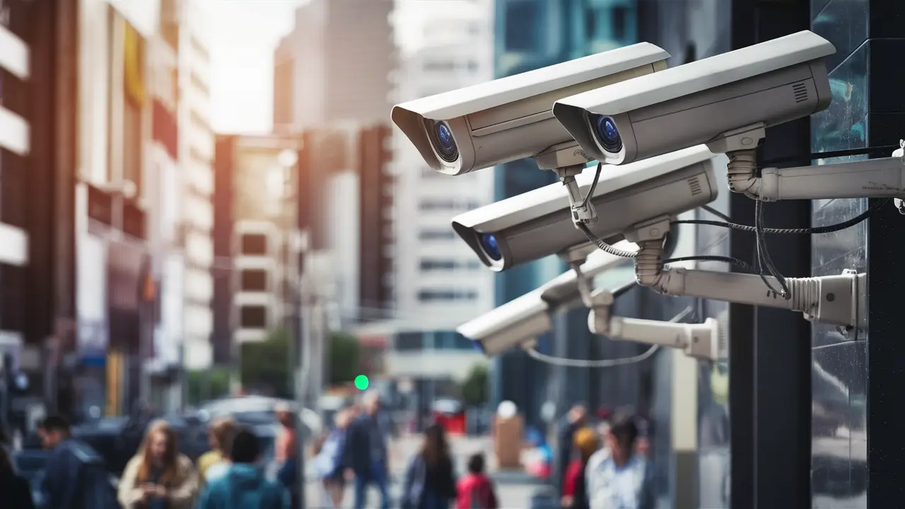 Câmeras de segurança de alta tecnologia capturando rostos de pedestres em uma rua movimentada.