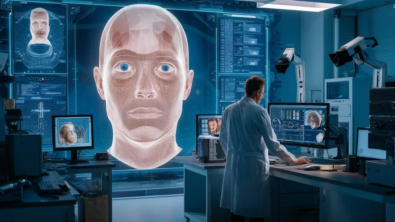 Tecnologia de reconhecimento facial em laboratório com tela digital mostrando escaneamento 3D de rosto humano.