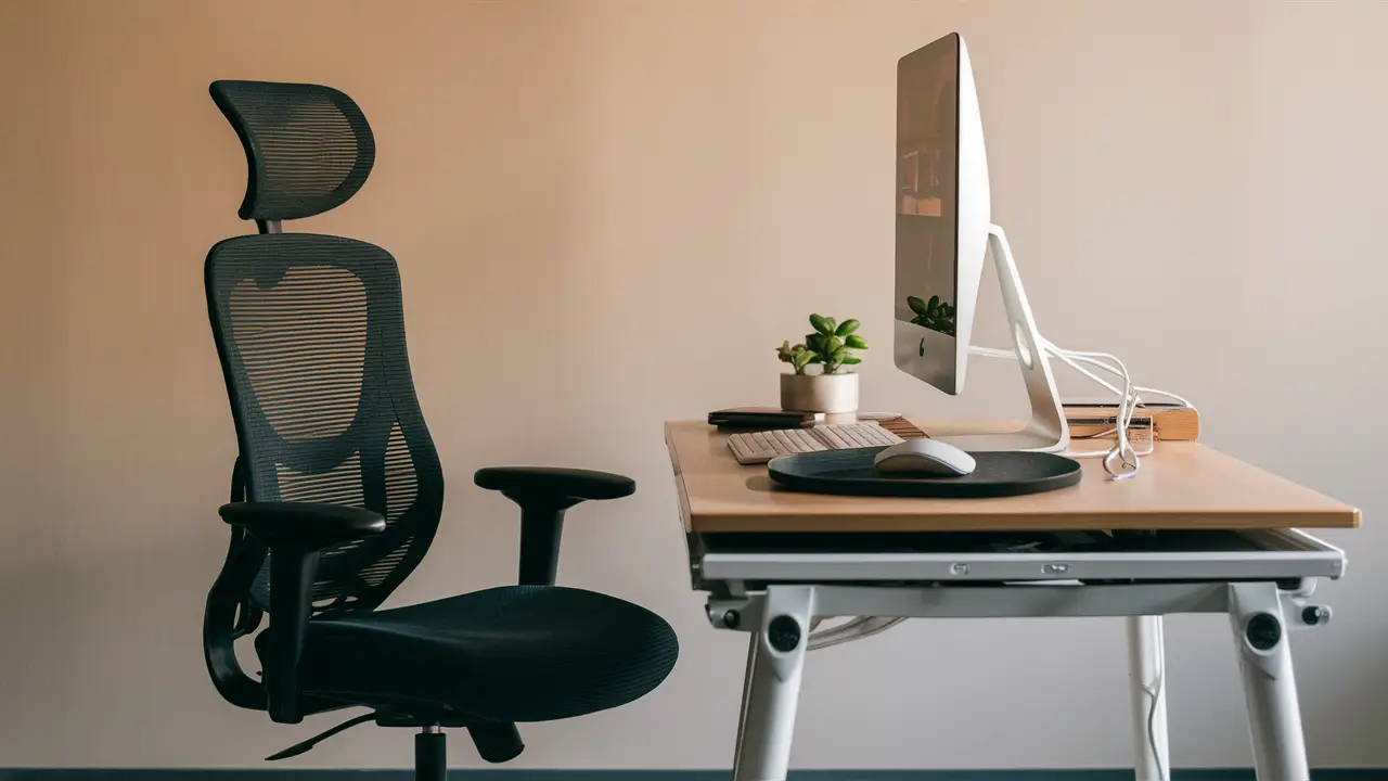 Ambiente de trabalho com cadeira ergonômica, mesa ajustável, monitor e teclado, destacado por uma planta pequena.