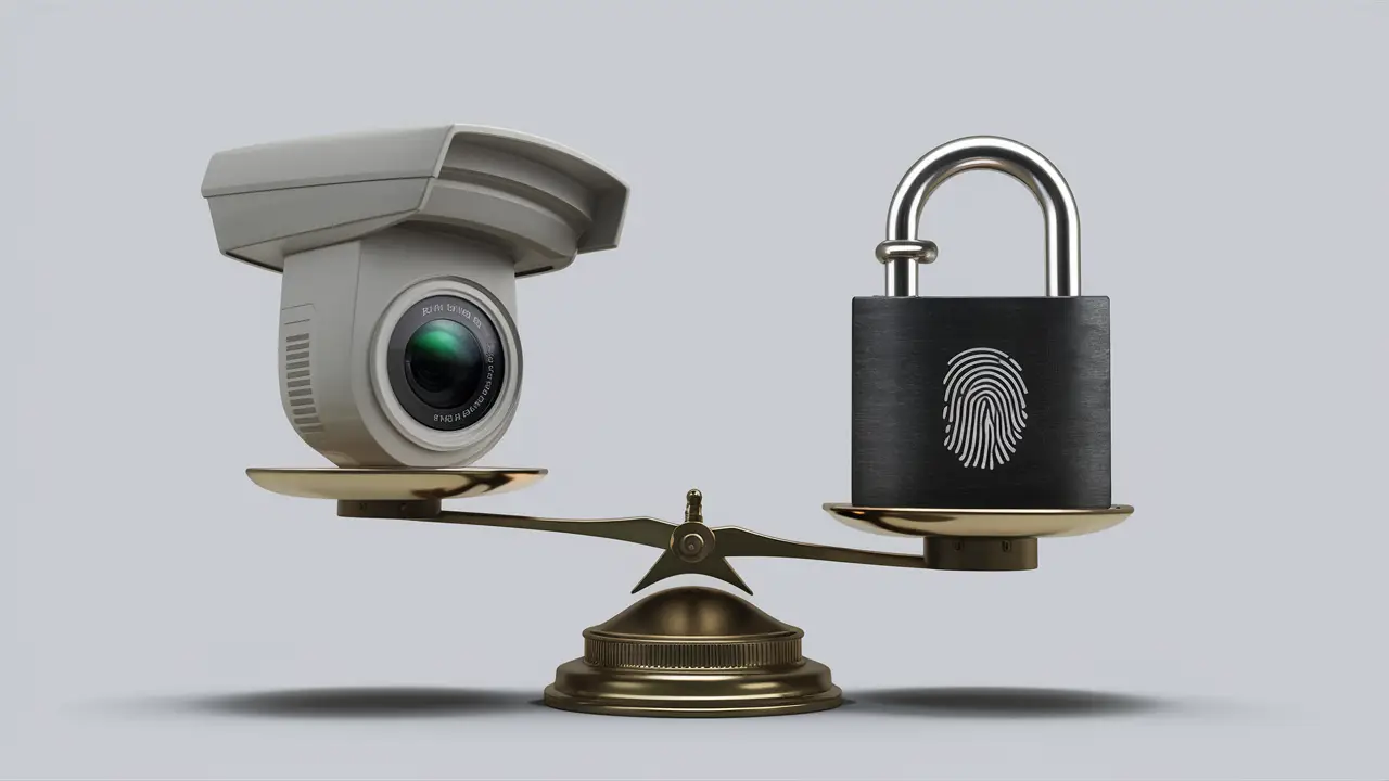 Balança com câmera de segurança e cadeado com leitor de impressão digital em fundo simples.
