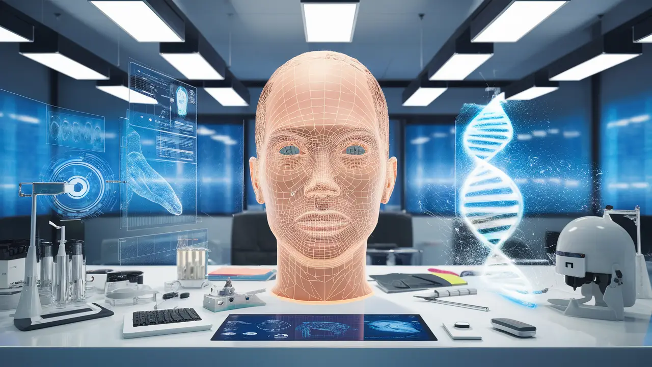 Laboratório forense moderno com tela digital exibindo reconstrução facial 3D e projeção holográfica de DNA.