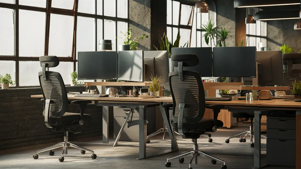 Espaço de trabalho moderno com cadeiras ergonômicas, mesas ajustáveis, monitores duplos e plantas verdes.