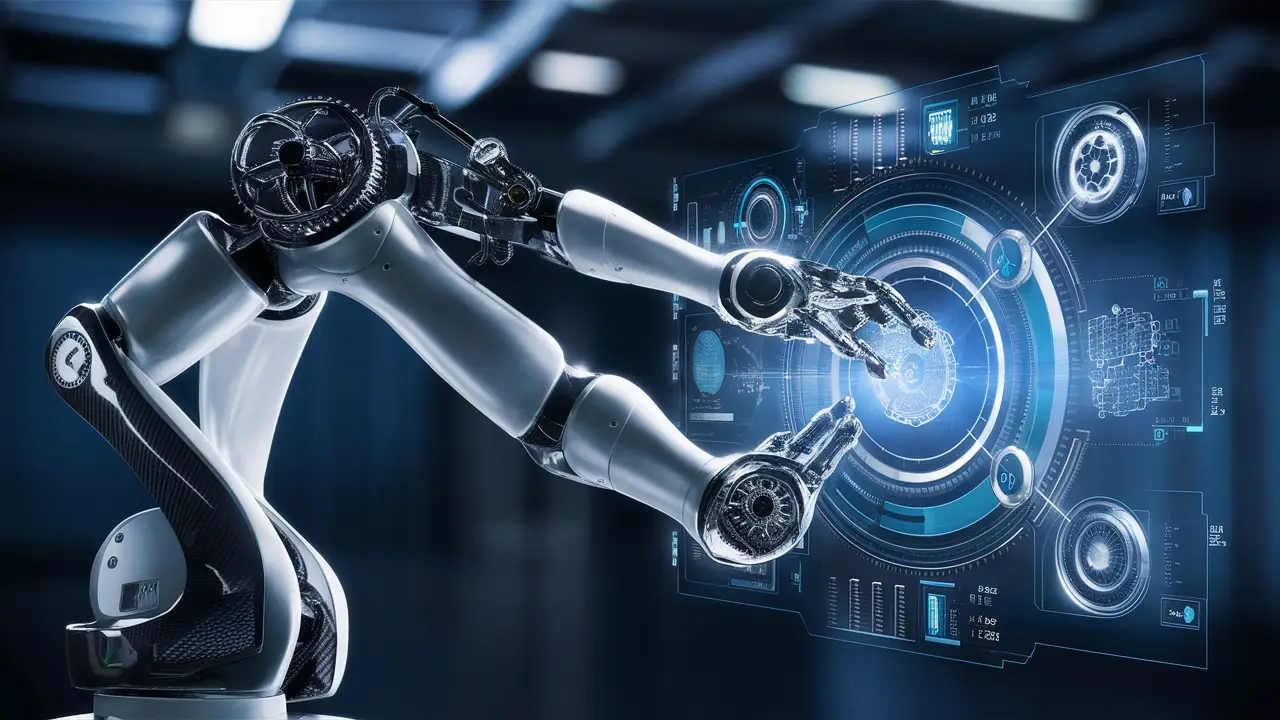 Braço robótico metálico interage com interface holográfica exibindo dados complexos.