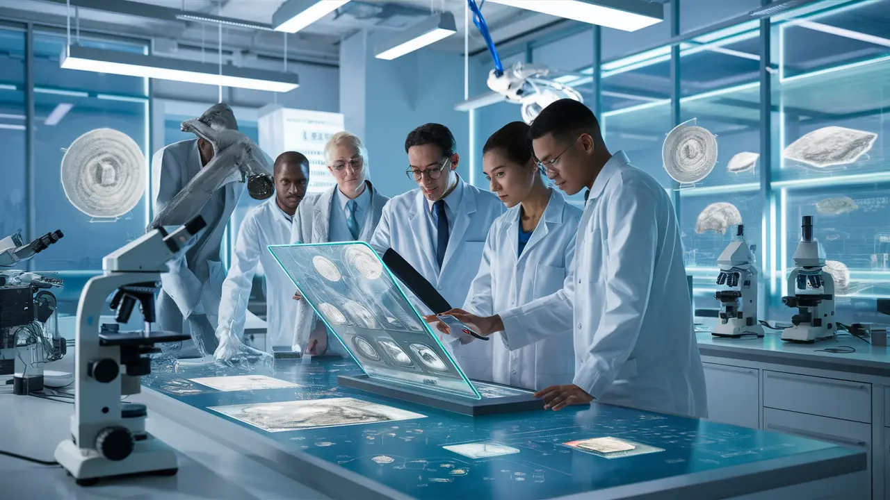 Cientistas analisam modelos 3D de evidências em tela digital em laboratório forense de alta tecnologia.