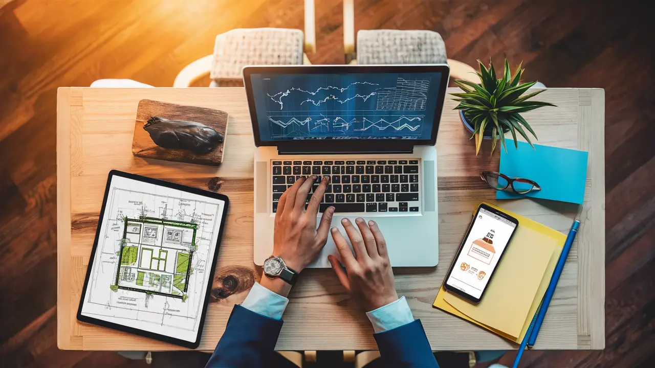 Dispositivos tecnológicos e ferramentas de análise em uma mesa de escritório moderna.