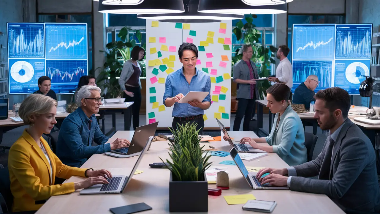 Pessoas em escritório moderno com laptops e telas digitais grandes exibindo gráficos e dados, plantas e quadro branco com notas.