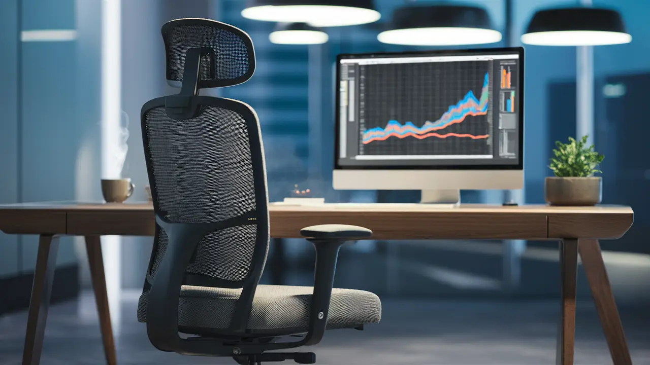 Cadeira ergonômica ajustável em frente a uma mesa de madeira com monitor de computador exibindo gráfico colorido.