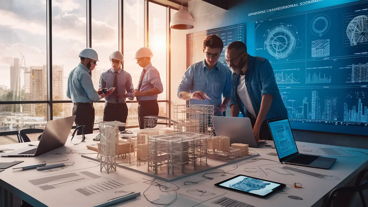 Engenheiros analisando modelos tridimensionais de estruturas em uma sala de conferência moderna.
