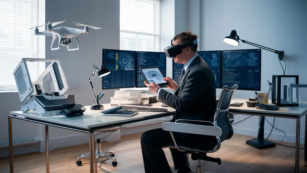 Perito em escritório moderno analisa dados imobiliários em tablet, rodeado por tecnologia avançada como drones e impressora 3D.
