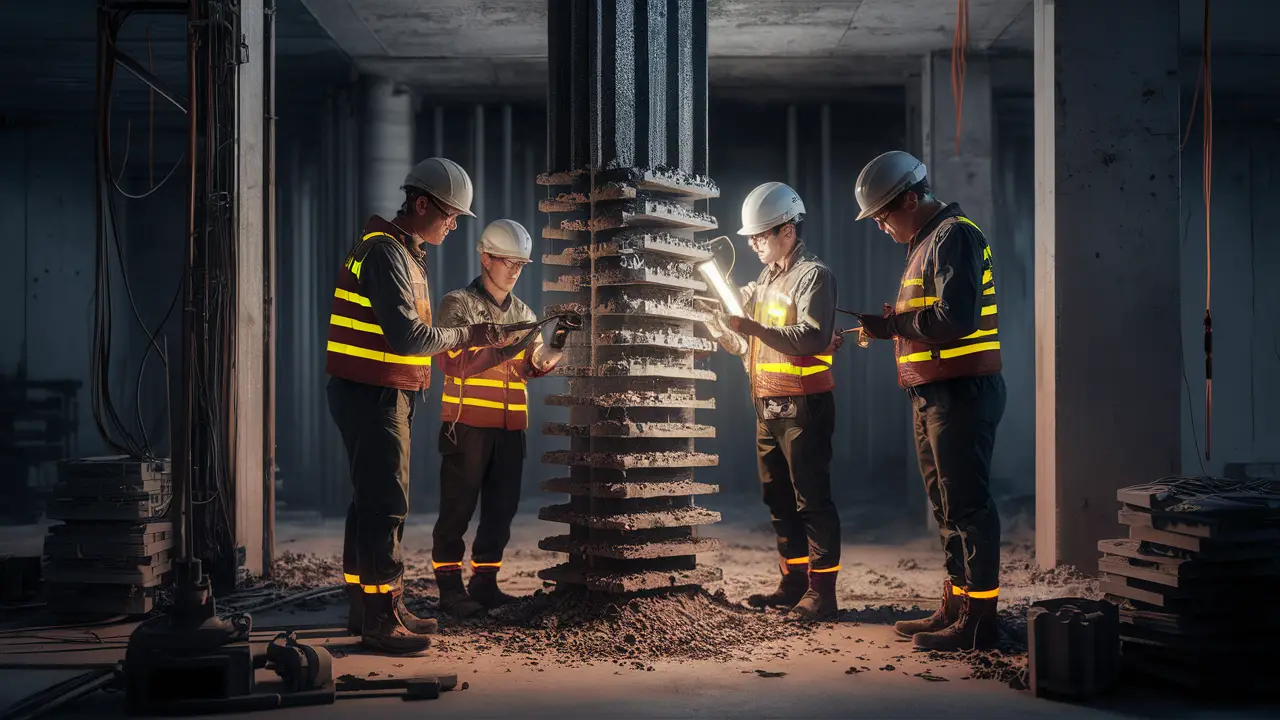 Engenheiros forenses inspecionando uma estrutura de concreto com ferramentas e pranchetas em um local de construção.