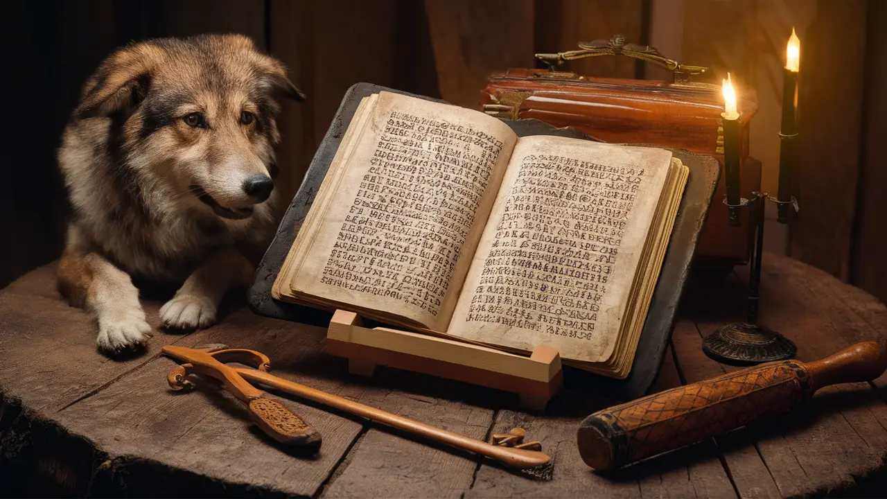 Caderno aberto com letra cursiva ao lado de lupa e caneta de pena em mesa de madeira antiga.